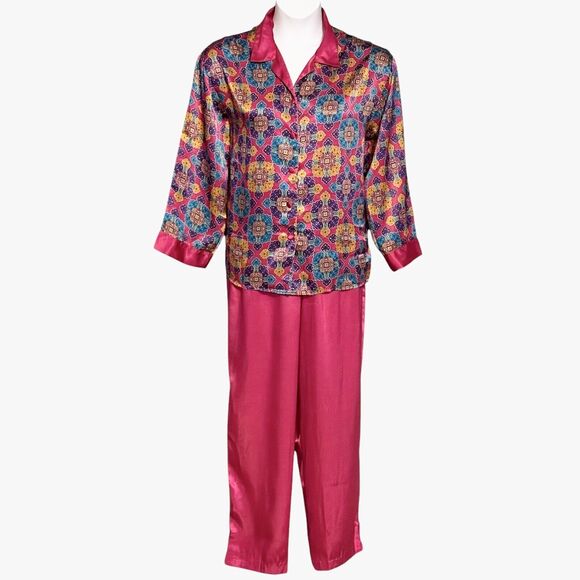 Vintage Delicates Satin Pajama Set Colorful Pink Paisley PJs & Robe Medium 12-14 - Picture 11 of 16